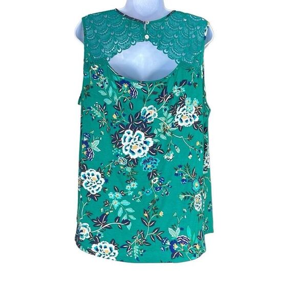 Daniel Rainn 2X Plus Sleeveless Blouse Green Floral Lace Accents Cutout NWOT - Picture 2 of 12